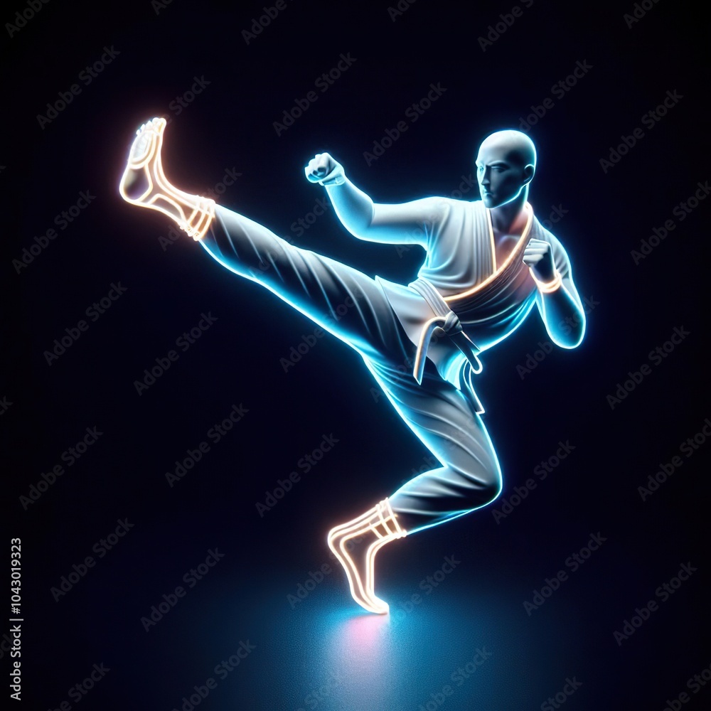 Naklejka premium gesture kick kung fu, black background. 3D rendering. Neon lights