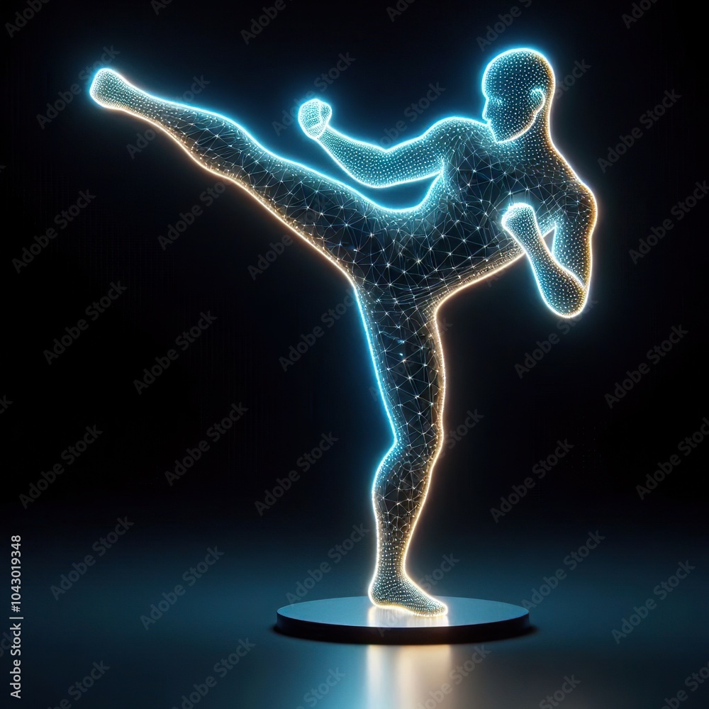 gesture kick kung fu, black background. 3D rendering. Neon lights gesture kick kung fu, black background. 3D rendering. Neon lights