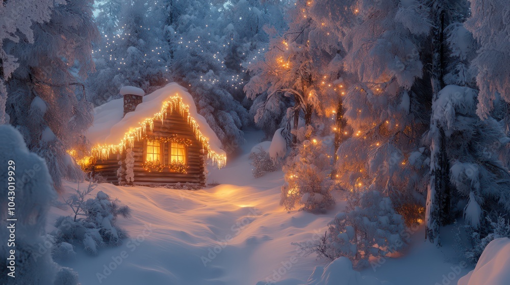 A snow-covered forest with a wooden cabin lit up by Christmas lights and a warm glow from the windows.