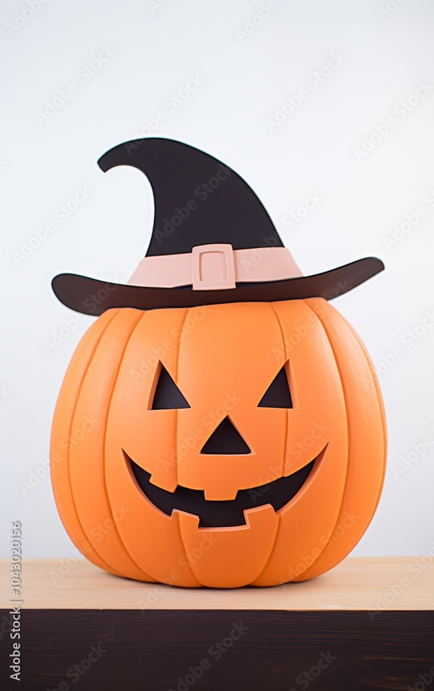Bright orange pumpkin with a whimsical smile and a witch hat, perfect for Halloween celebrations. Adds a playful touch to festive decor or parties. Bright orange pumpkin with a whimsical smile and a witch hat, perfect for Halloween celebrations. Adds a playful touch to festive decor or parties.