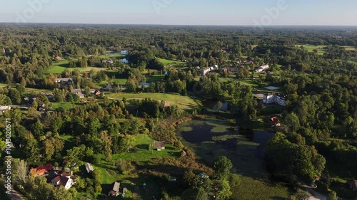 Beautiful Aerial Pan Across The Picturesque Village Of Nitaure, Latvia. photo