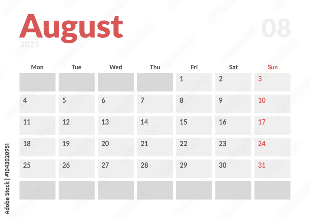 Monthly page Calendar Planner Template of August 2025. Vector layout of calendar with week start Monday for Scheduling. Page for size A4 or 21x29.7 cm Monthly page Calendar Planner Template of August 2025. Vector layout of calendar with week start Monday for Scheduling. Page for size A4 or 21x29.7 cm