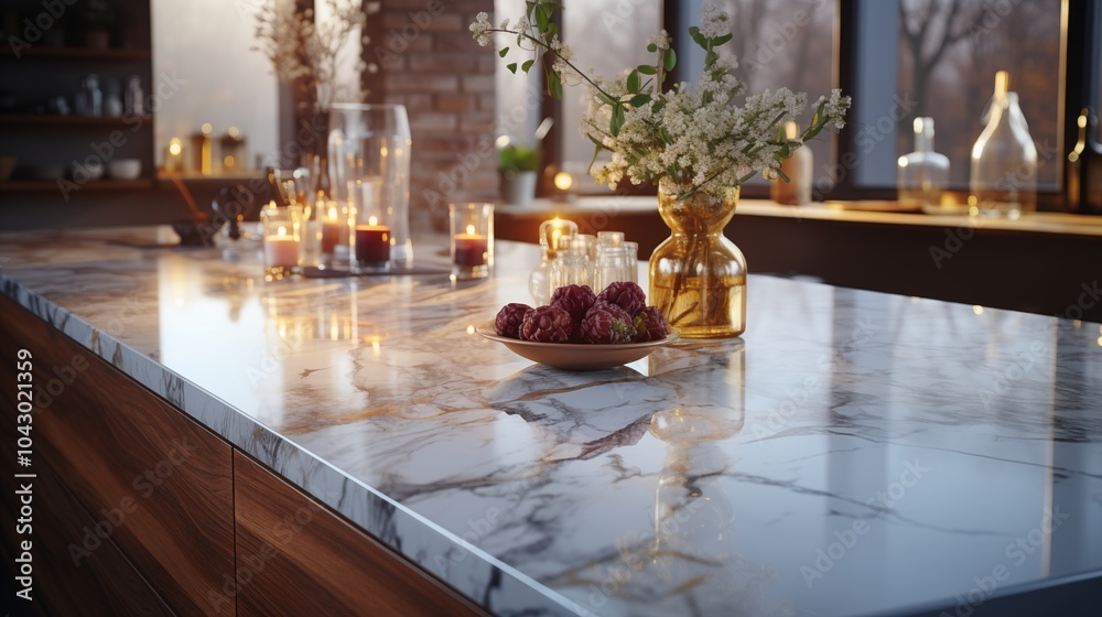 Marble countertop on soft-focused kitchen background, ideal for showcasing culinary or kitchenware products with a contemporary look. Marble countertop on soft-focused kitchen background, ideal for showcasing culinary or kitchenware products with a contemporary look.