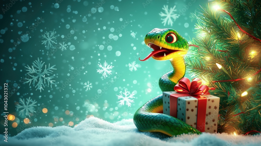 A cheerful cartoon snake joyfully wraps around a glowing Christmas gift under a sparkling tree in a whimsical winter wonderland A cheerful cartoon snake joyfully wraps around a glowing Christmas gift under a sparkling tree in a whimsical winter wonderland