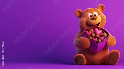 A cheerful cartoon bear holding a heart-shaped box of chocolates on a vibrant purple background