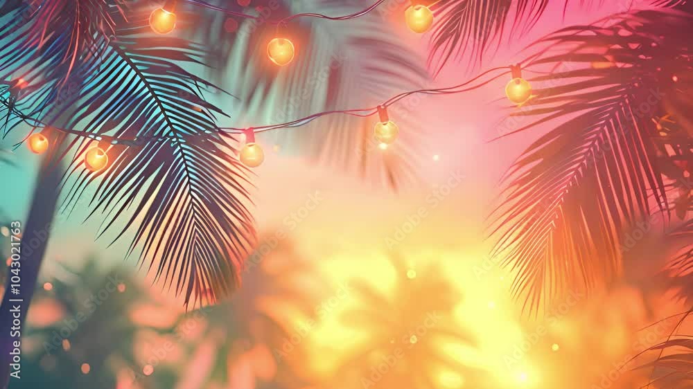 A tropical scene featuring palm trees adorned with string lights, creating a festive and inviting ambiance outdoors. A tropical scene featuring palm trees adorned with string lights, creating a festive and inviting ambiance outdoors.