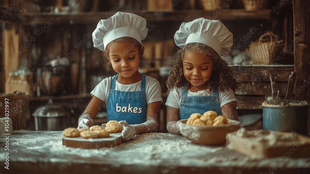 Girls baking cookies in a kitchen. Girls baking cookies in a kitchen.
