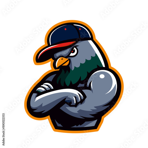 Cool pigeon character, Modern sports logo mascot in baseball hat.  photo