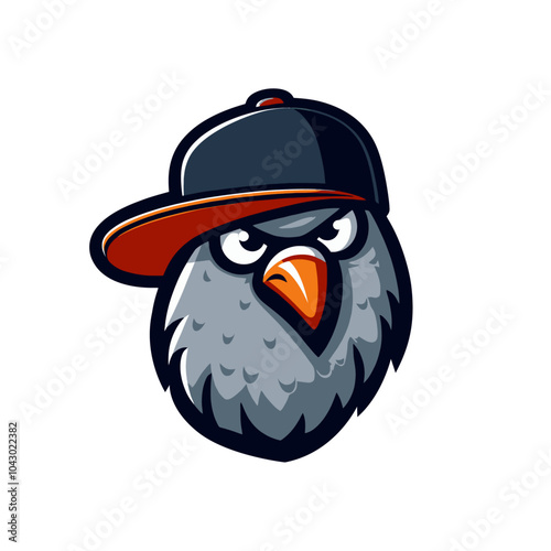 Cool pigeon character, Modern sports logo mascot in baseball hat.  photo