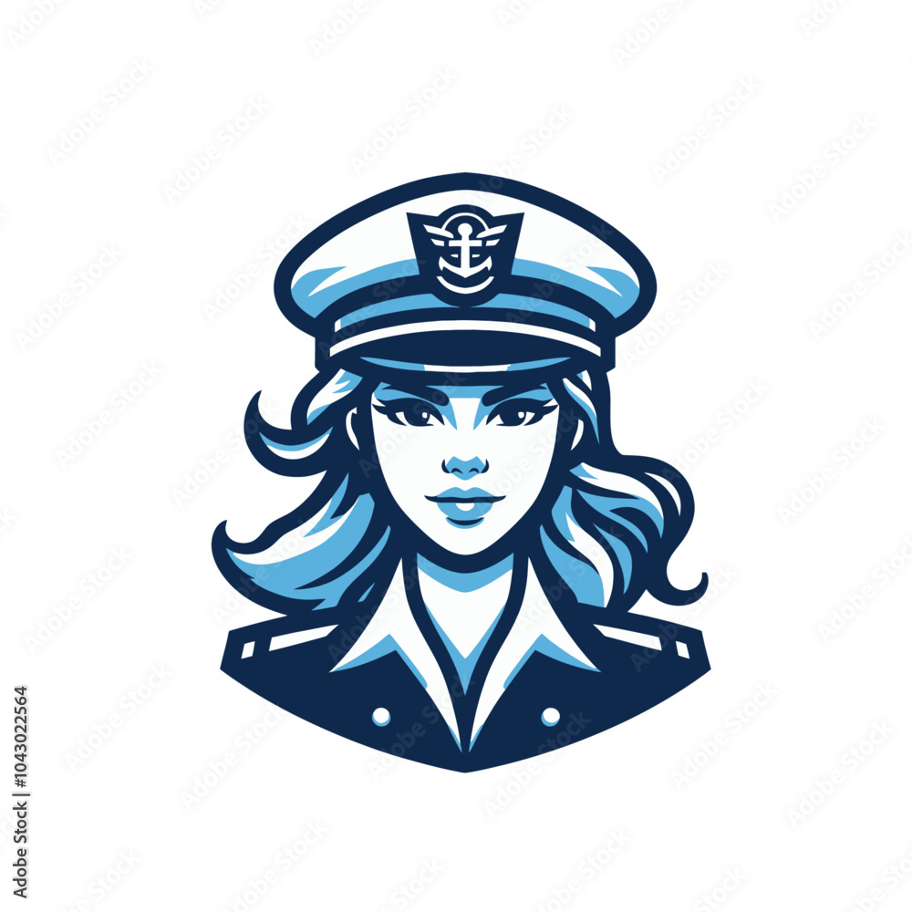 Female sea captain in uniform with anchor hat, isolated vector illustration, vintage nautical character, maritime logo concept. Female sea captain in uniform with anchor hat, isolated vector illustration, vintage nautical character, maritime logo concept.