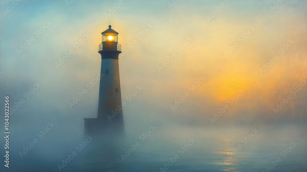 Capture a serene landscape with a lone lighthouse standing tall, its light piercing through the fog, guiding ships home, in an oil painting style Capture a serene landscape with a lone lighthouse standing tall, its light piercing through the fog, guiding ships home, in an oil painting style
