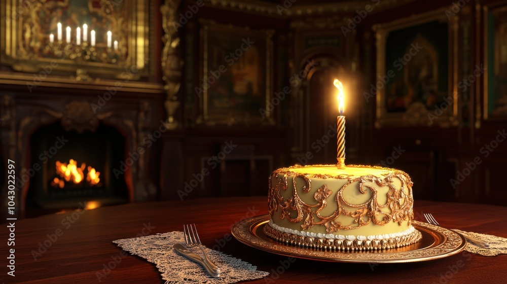 A beautifully decorated cake with a candle, set in an elegant room with a fireplace. A beautifully decorated cake with a candle, set in an elegant room with a fireplace.