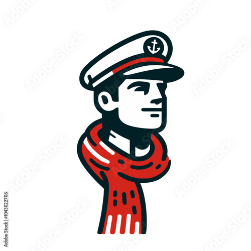 Stylized sea captain in uniform with anchor hat and red scarf, vintage nautical illustration, maritime character logo concept.. Isolated vector illustration