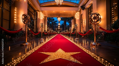 A glamorous Hollywood-themed party decor featuring a red carpet walkway, golden star decorations, and velvet ropes, with film reel centerpieces on tables, elegant lighting casting soft glows,