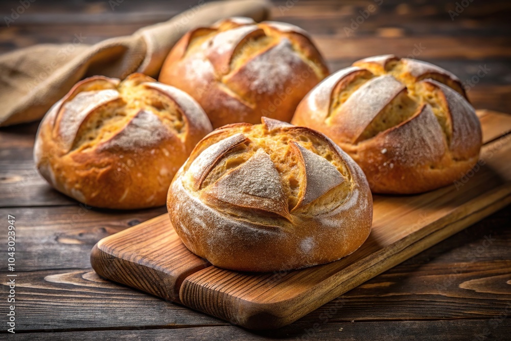 Freshly baked bread loaves with a golden crust resting on a wooden board Freshly baked bread loaves with a golden crust resting on a wooden board