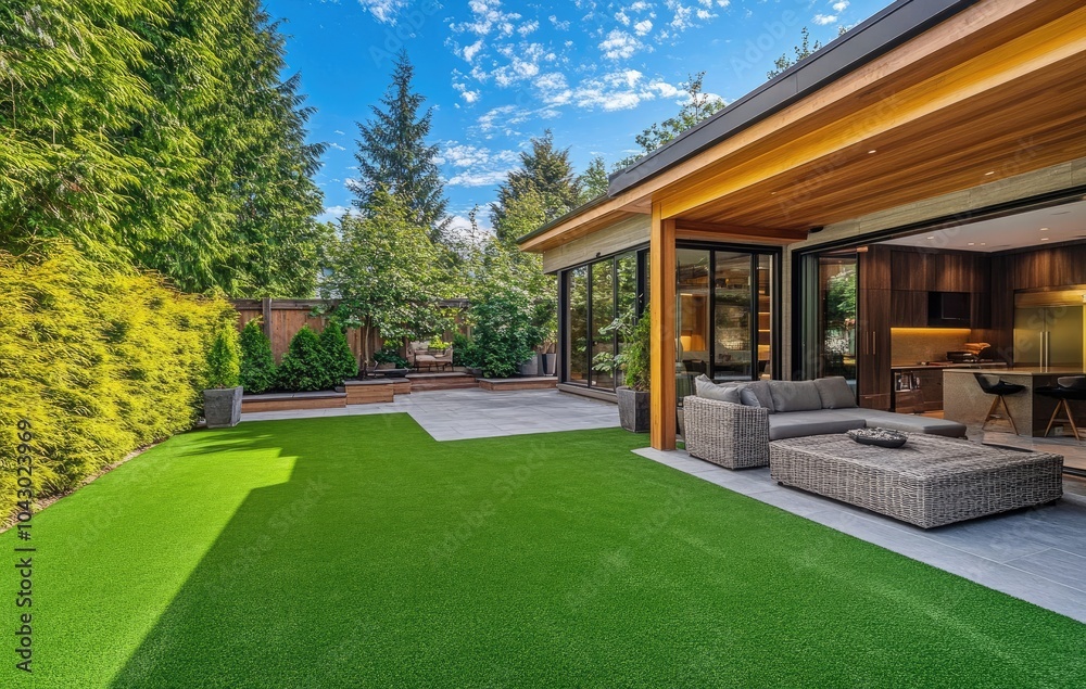 Beautiful backyard with artificial grass, luxury home in Vancouver, Canada, wood gable roof and white house, outdoor living area with large patio furniture Beautiful backyard with artificial grass, luxury home in Vancouver, Canada, wood gable roof and white house, outdoor living area with large patio furniture