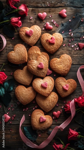 Hearts shaped cookies with pink sprinkles and pink ribbon on a wooden table, food background, vertical background, valentine"s day holiday