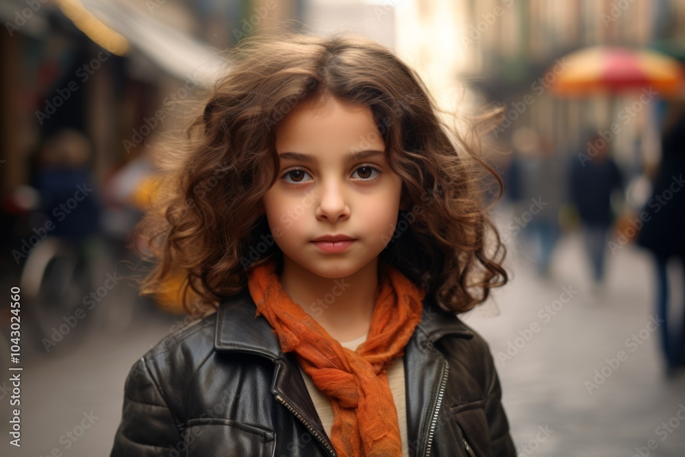Portrait of a cute little girl with curly hair on the street Portrait of a cute little girl with curly hair on the street