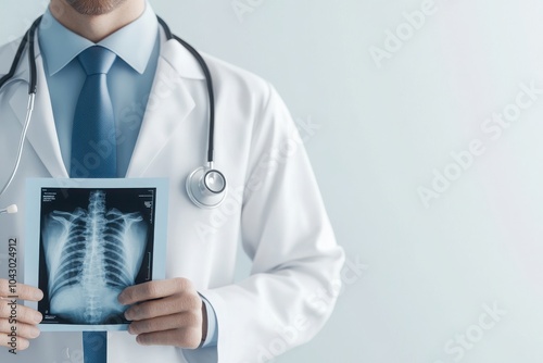 A doctor holding an X-ray of a human chest, symbolizing medical examination and healthcare professionalism. photo