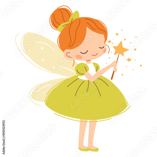 Flat vector illustration in children's style. Cute fairy princess with magic wand on white background . Vector illustration