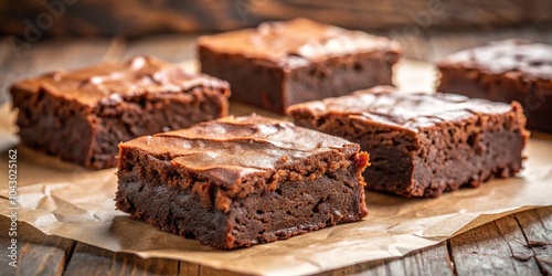 Freshly baked brownies on parchment paper