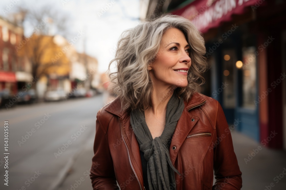 Beautiful middle-aged woman in a leather jacket on the street Beautiful middle-aged woman in a leather jacket on the street