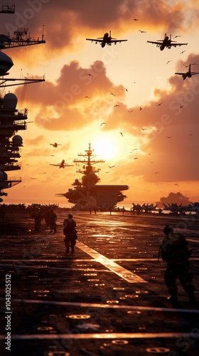 Dramatic Sunset Over Aircraft Carrier with Jets Taking Off and Soldiers on Deck