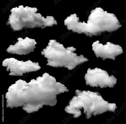 Fototapeta Naklejka Na Ścianę i Meble -  Set of white clouds isolated on black background. Fog or smog background. Collection of different types of clouds. 