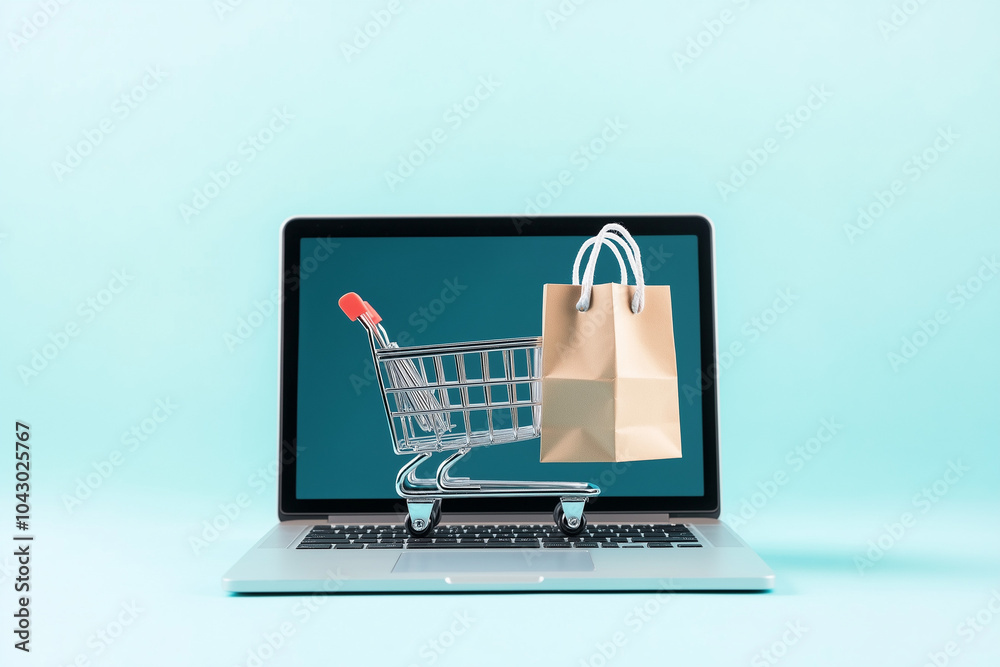A small shopping trolley placed on a laptop, with a shopping cart icon displayed on the laptop screen and a paper shopping bag in the trolley, set against a blue background