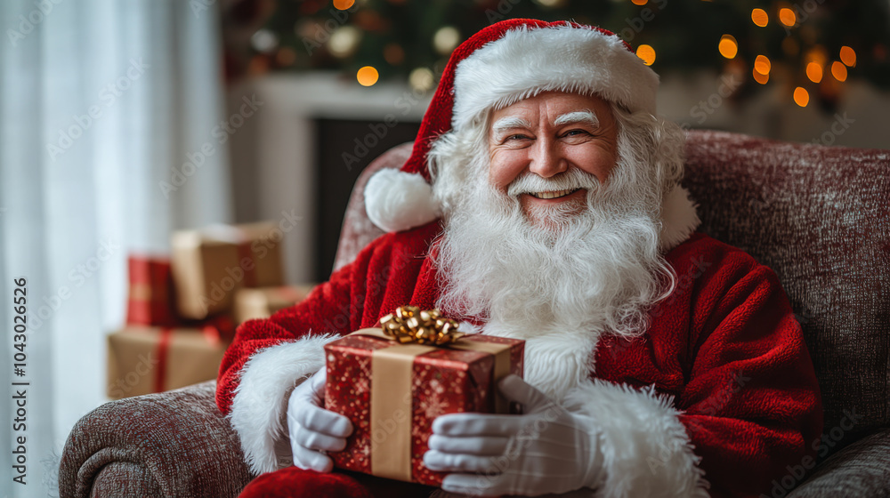 Cheerful Santa Claus holding a beautifully wrapped gift while sitting in a cozy room decorated for the holiday season Cheerful Santa Claus holding a beautifully wrapped gift while sitting in a cozy room decorated for the holiday season