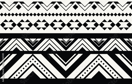 Ethnic tribal black and white background. Seamless tribal pattern, folk embroidery, tradition geometric ornament. Traditional design for fabric, textile, print, rug, paper, tattoo