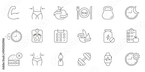 Workout, Fitness and Health Line Icons for Weight Loss and Diet Tracking. Health Care, Metabolism, Calorie Management. Editable Stroke. Isolated Vector Illustration