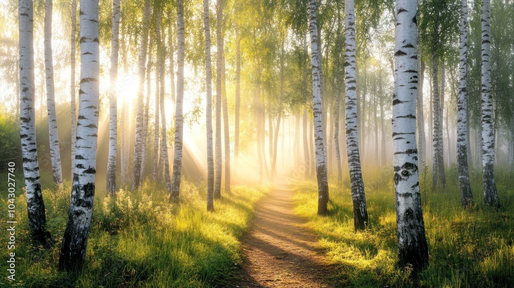 Obraz premium A serene forest path illuminated by sunlight and mist, inviting tranquility and exploration.