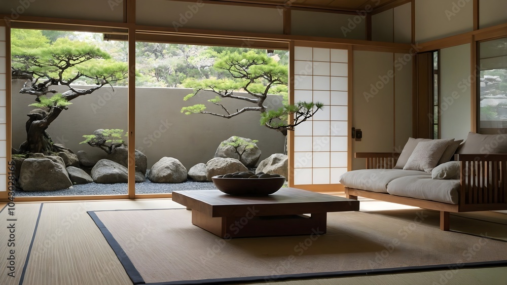 AI-Generated Image of An ultra-minimalistic, modern Japanese-inspired living room with large shoji screens and a spacious living area AI-Generated Image of An ultra-minimalistic, modern Japanese-inspired living room with large shoji screens and a spacious living area