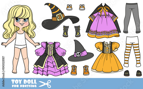 Cartoon blong girl with wavy hair and clothes separately -   elegant witch costume constructor with hats, tights and dresses