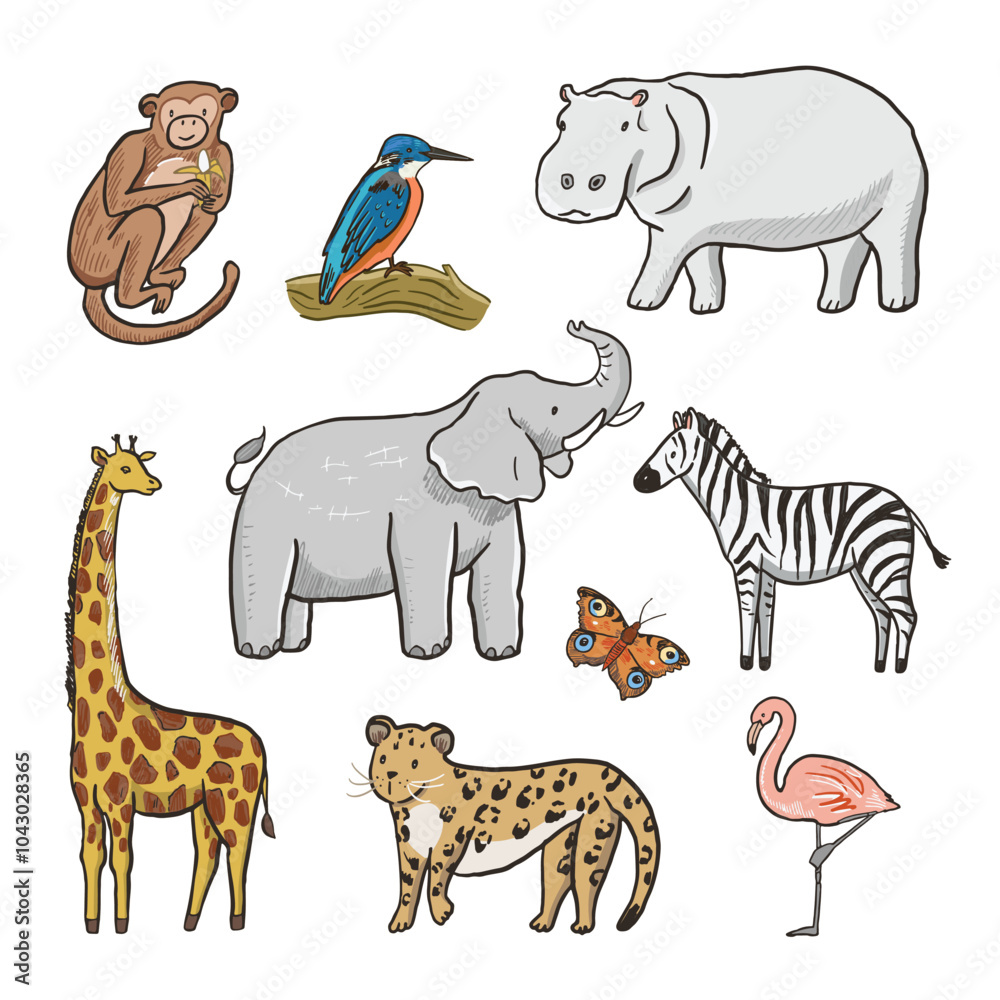 Fototapeta premium Hand drawn cartoon animals vector illustrations set.