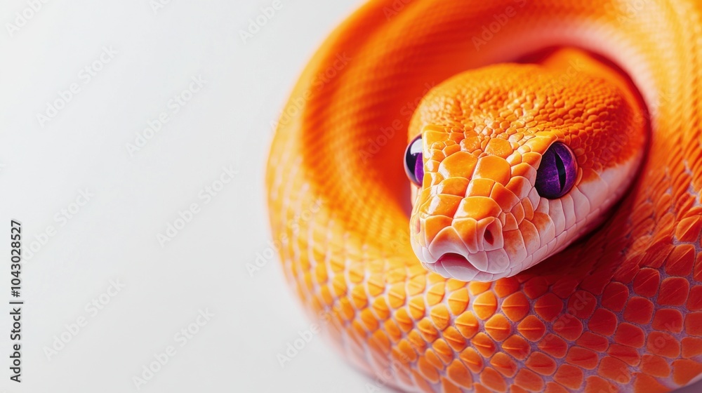 A vibrant orange snake with deep purple eyes, its body curling in smooth A vibrant orange snake with deep purple eyes, its body curling in smooth