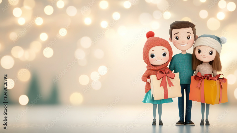 Fototapeta premium Cheerful family holding gifts in festive atmosphere with lights