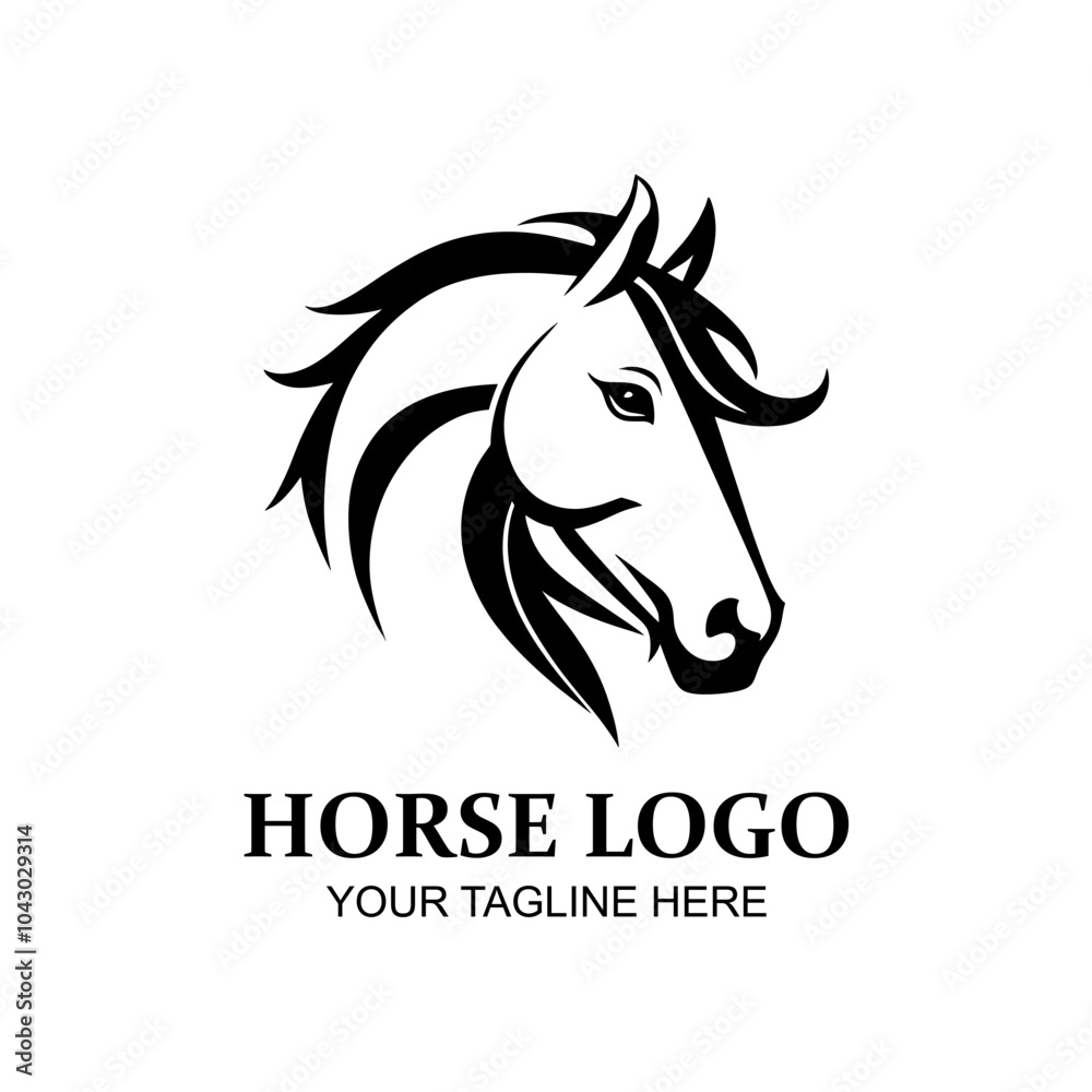 Elegant horse head logo in black and white, featuring dynamic lines and flowing mane, perfect for equestrian businesses, sports teams, or branding projects. Elegant horse head logo in black and white, featuring dynamic lines and flowing mane, perfect for equestrian businesses, sports teams, or branding projects.