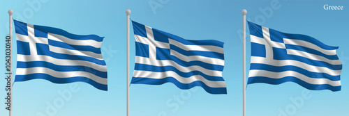 Set of Three Flags of Greece Waving in Clear Blue Sky