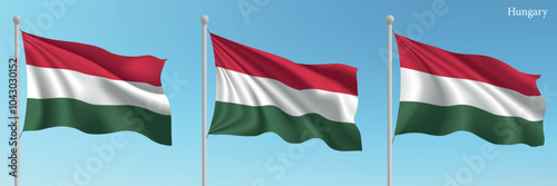Free Download Set of Three Flags of Hungary Waving in Clear Blue Sky - GFXLoad
