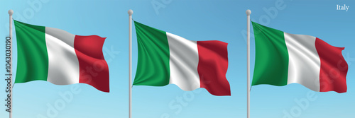 Set of Three Flags of Italy Waving in Clear Blue Sky