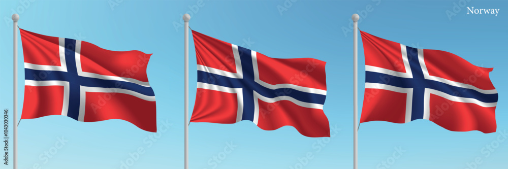 Fototapeta premium Set of Three Flags of Norway Waving in Clear Blue Sky
