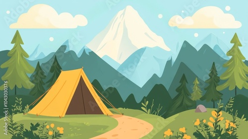 Serene Minimalist Mountain Landscape with Tent and Hiking Path - Ideal for Outdoor Adventure Theme