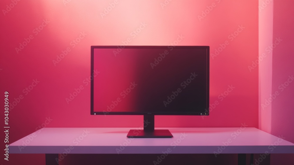 A black computer monitor sits on a white desk against a pink wall.