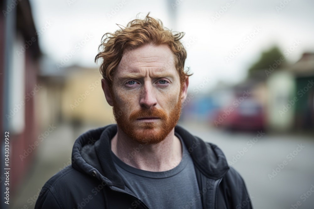 Portrait of a red haired freckled man in the street. Portrait of a red haired freckled man in the street.