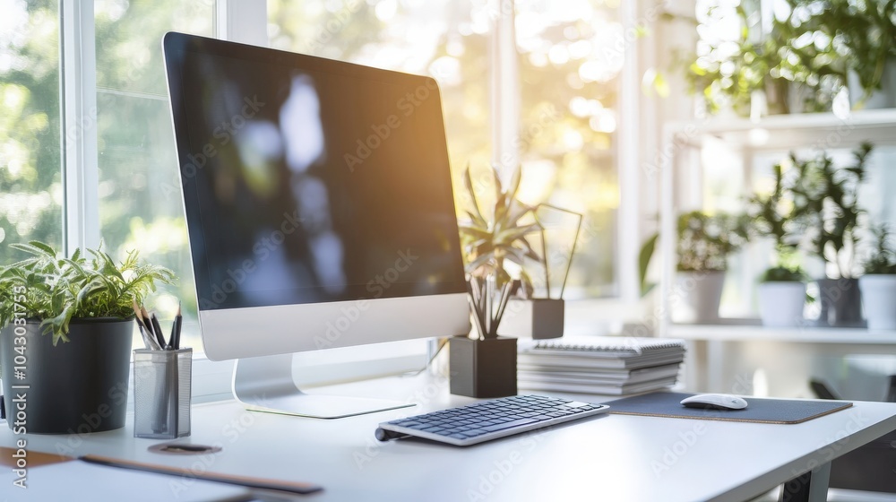 A clean and modern workspace with a desktop monitor, wireless keyboard A clean and modern workspace with a desktop monitor, wireless keyboard