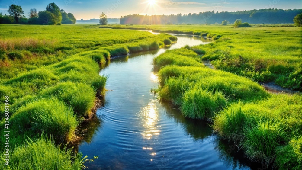 Freshwater stream in green grassy field under sunlight Freshwater stream in green grassy field under sunlight