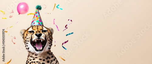 A playful cheetah wearing a party hat, celebrating with confetti and a balloon. photo