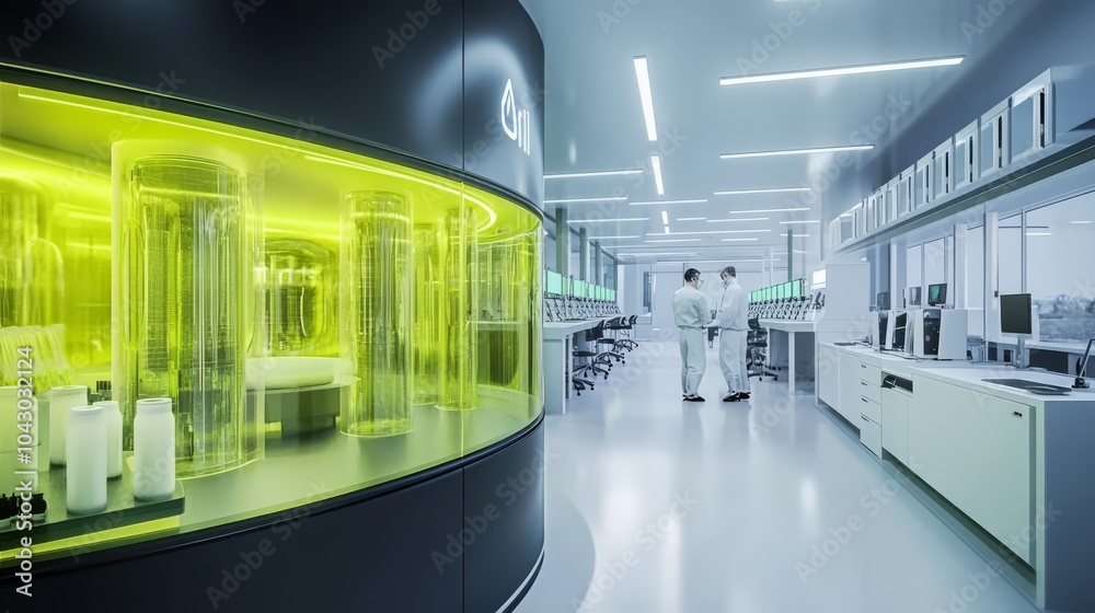 Fototapeta premium Modern Research Laboratory: Two scientists in white coats collaborate in a cutting-edge laboratory, focused on innovation and scientific discovery. The sterile.